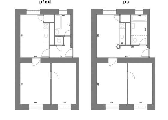 REKONSTRUKCE BYTU 2+1, 53m2 v činžovním domě, 1. patro bez výtahu