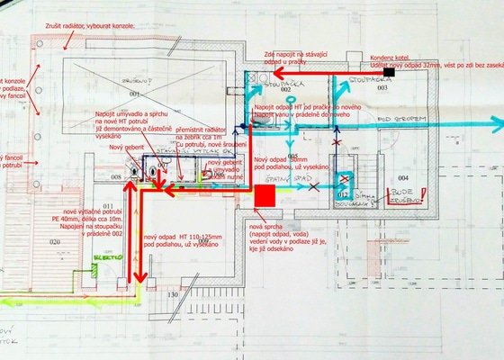 Kanalizace, voda a topenářské práce v suterénu RD
