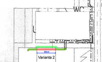 Zapuštění odpadního potrubí (0,6 až 1,5m) do cihlové příčky - stav před realizací