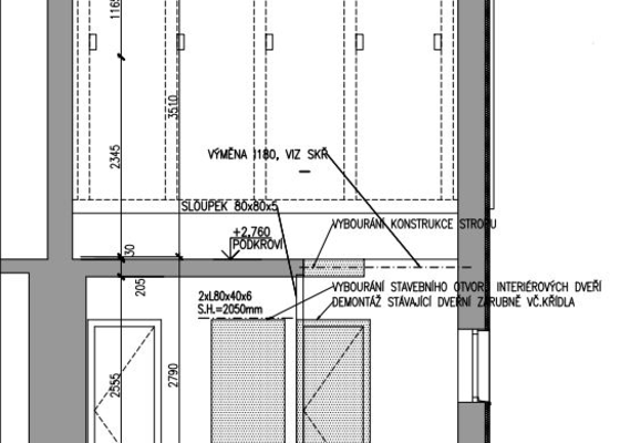 Ubourání části stropu, zřízení podpěrného sloupu a přemístění dveří v příčce