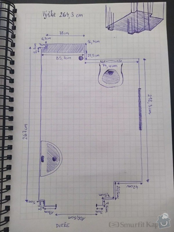 Rekonstrukce malé koupelny: Půdorys koupelny